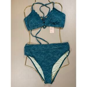 NWT Cupshe Tropical Print Lace-Up Scallop Top & High Waist Bikini Set Sz Large